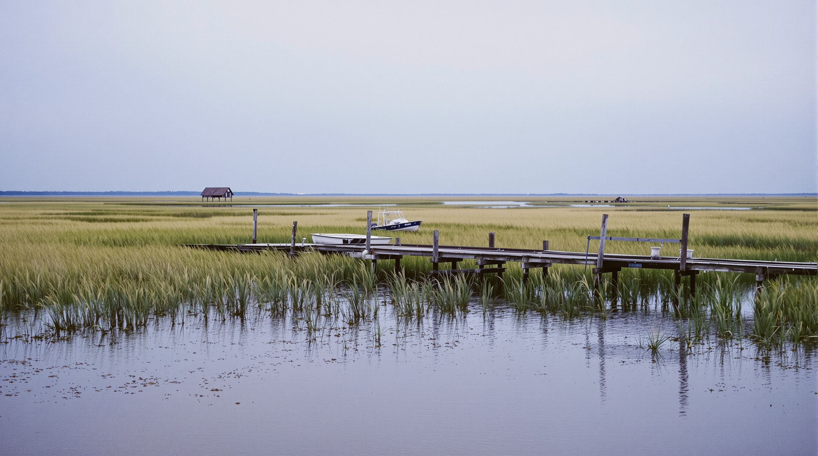 A weathered wooden dock in a tidal salt marsh on the bay