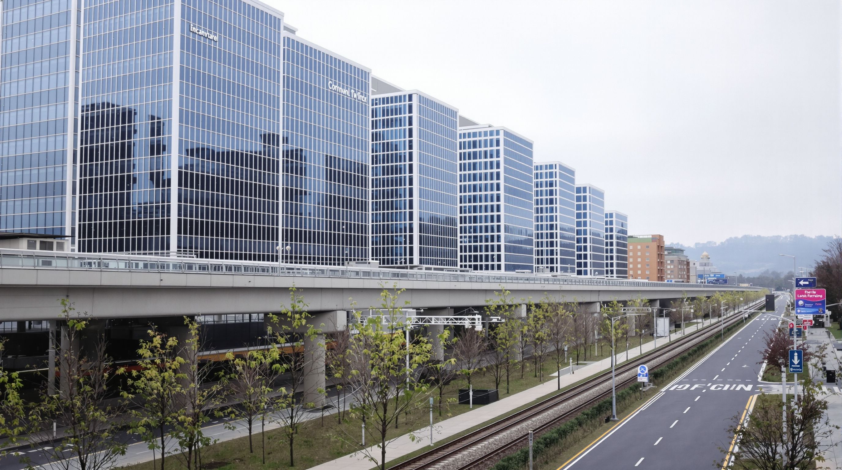 Glass office buildings beside an elevated rail line and a wide boulevard