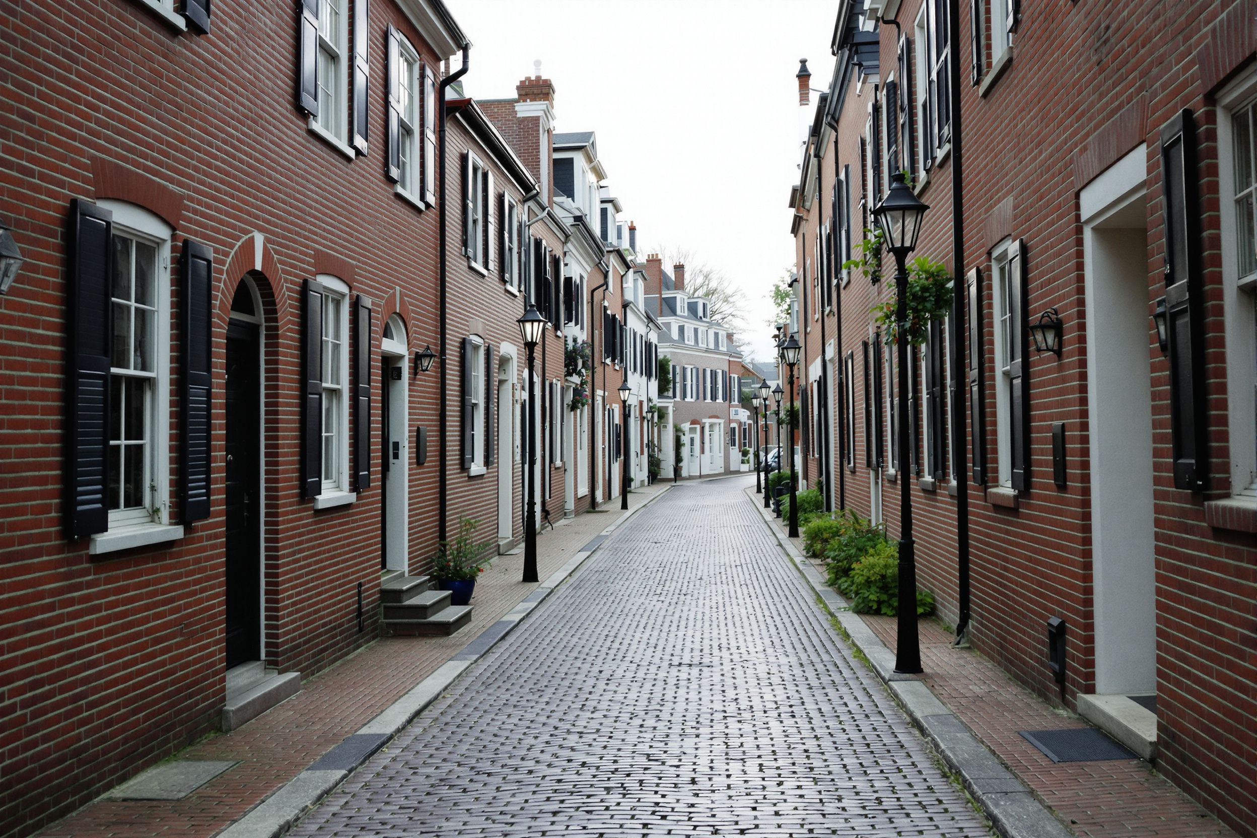 A cobblestone street between red brick Federal-style townhouses with black shutters