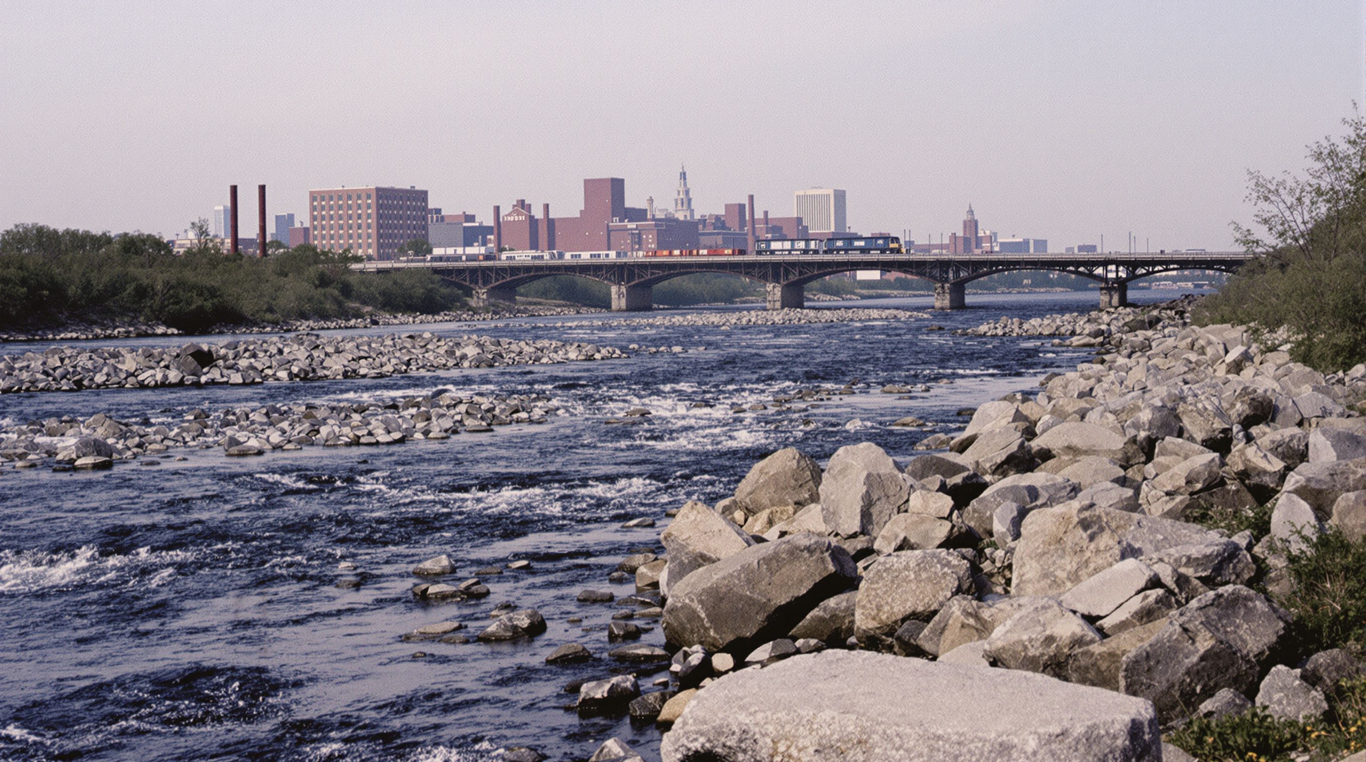 A rocky river with small rapids below a skyline of brick warehouses and office towers