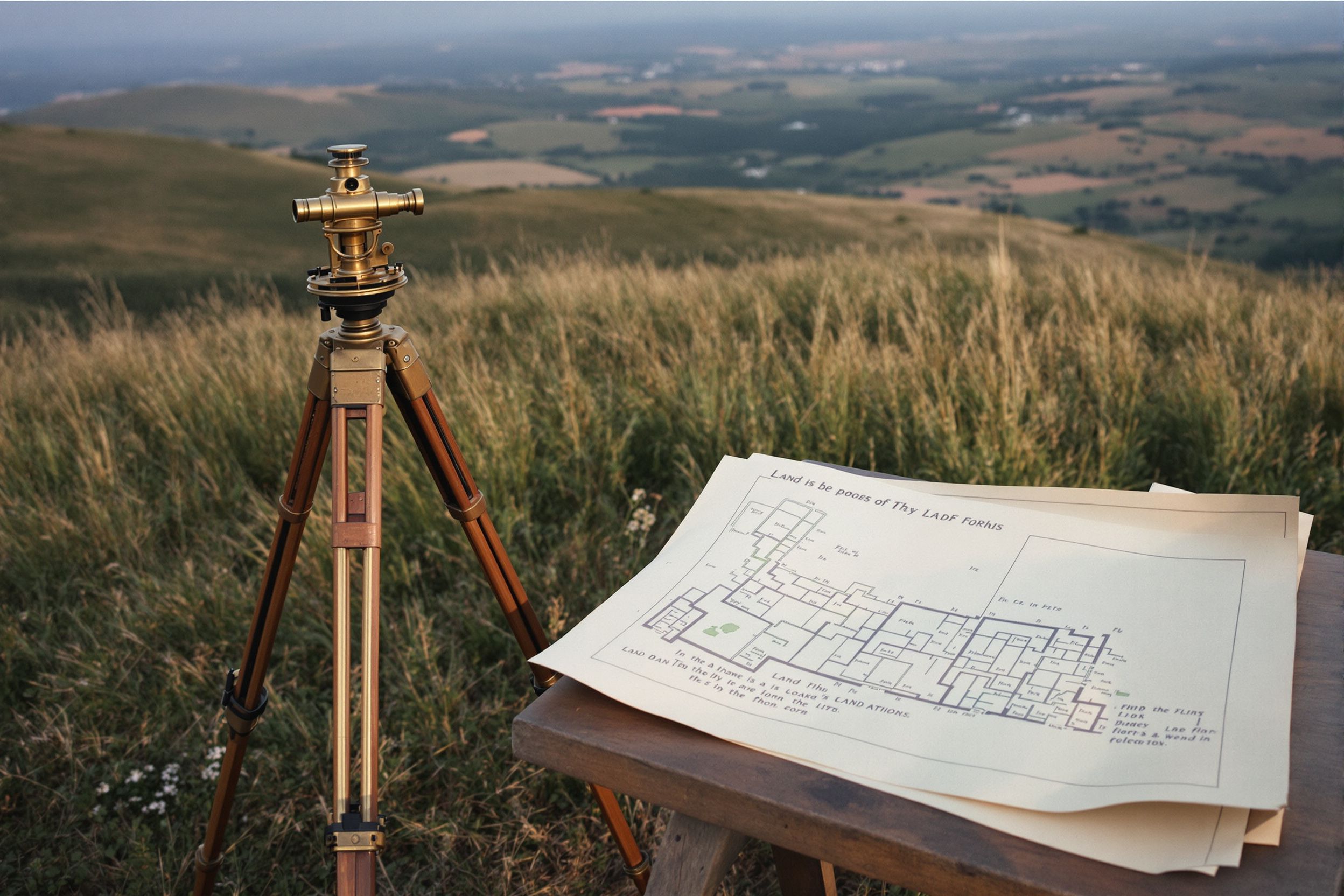 An antique brass surveyor's transit on a tripod beside an old land plat on a field table
