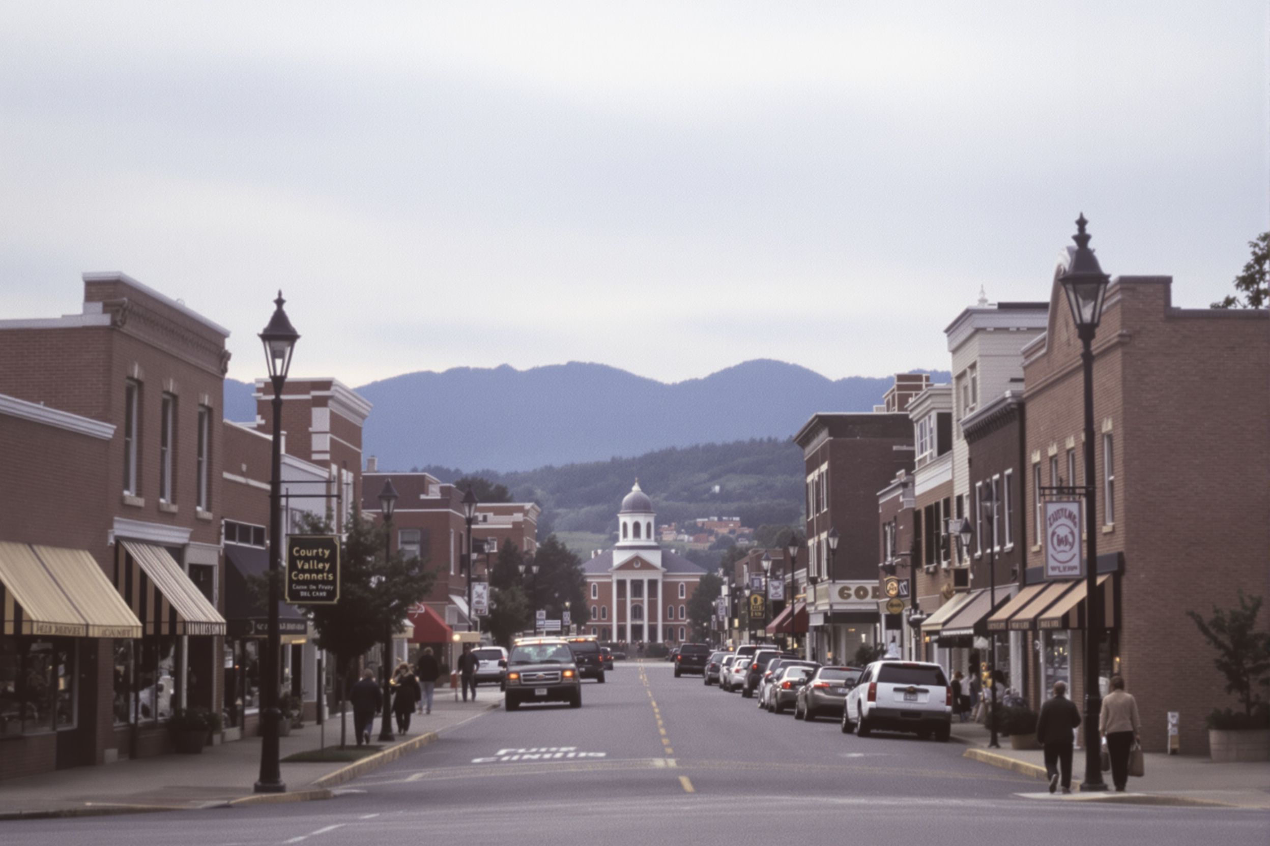 A small-town main street of brick storefronts with mountains at the end of the road
